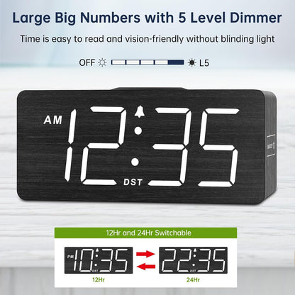 Wooden Digital Alarm Clock with Wireless Charging for Bedroom