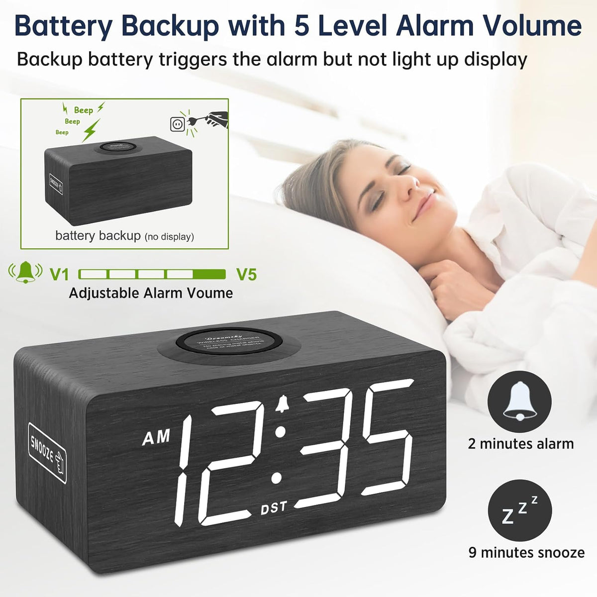 Wooden Digital Alarm Clock with Wireless Charging for Bedroom
