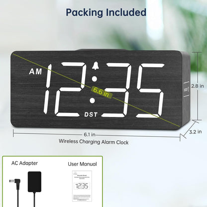 Wooden Digital Alarm Clock with Wireless Charging for Bedroom