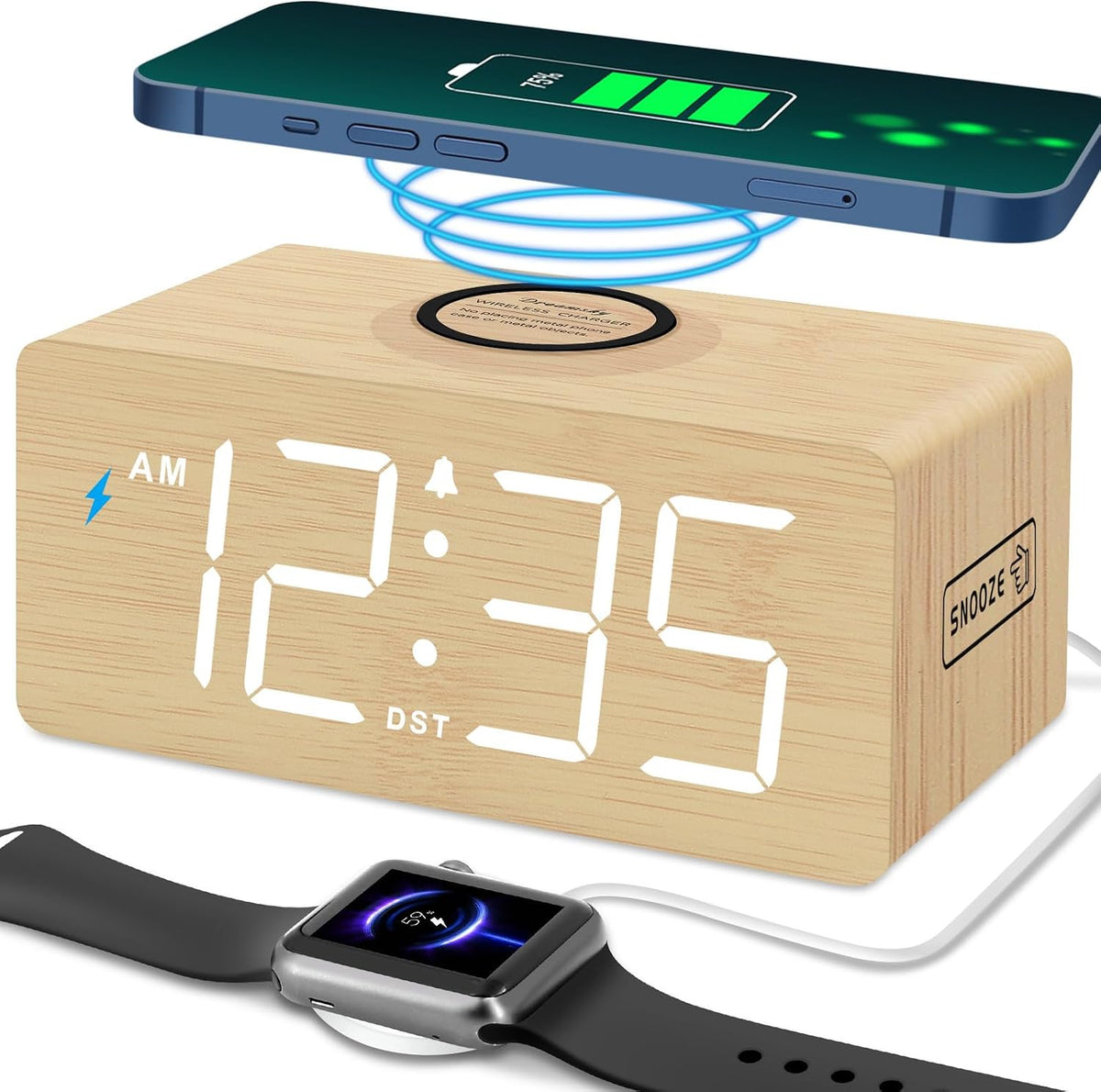 Wooden Digital Alarm Clock with Wireless Charging for Bedroom