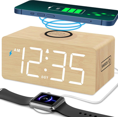 Wooden Digital Alarm Clock with Wireless Charging for Bedroom