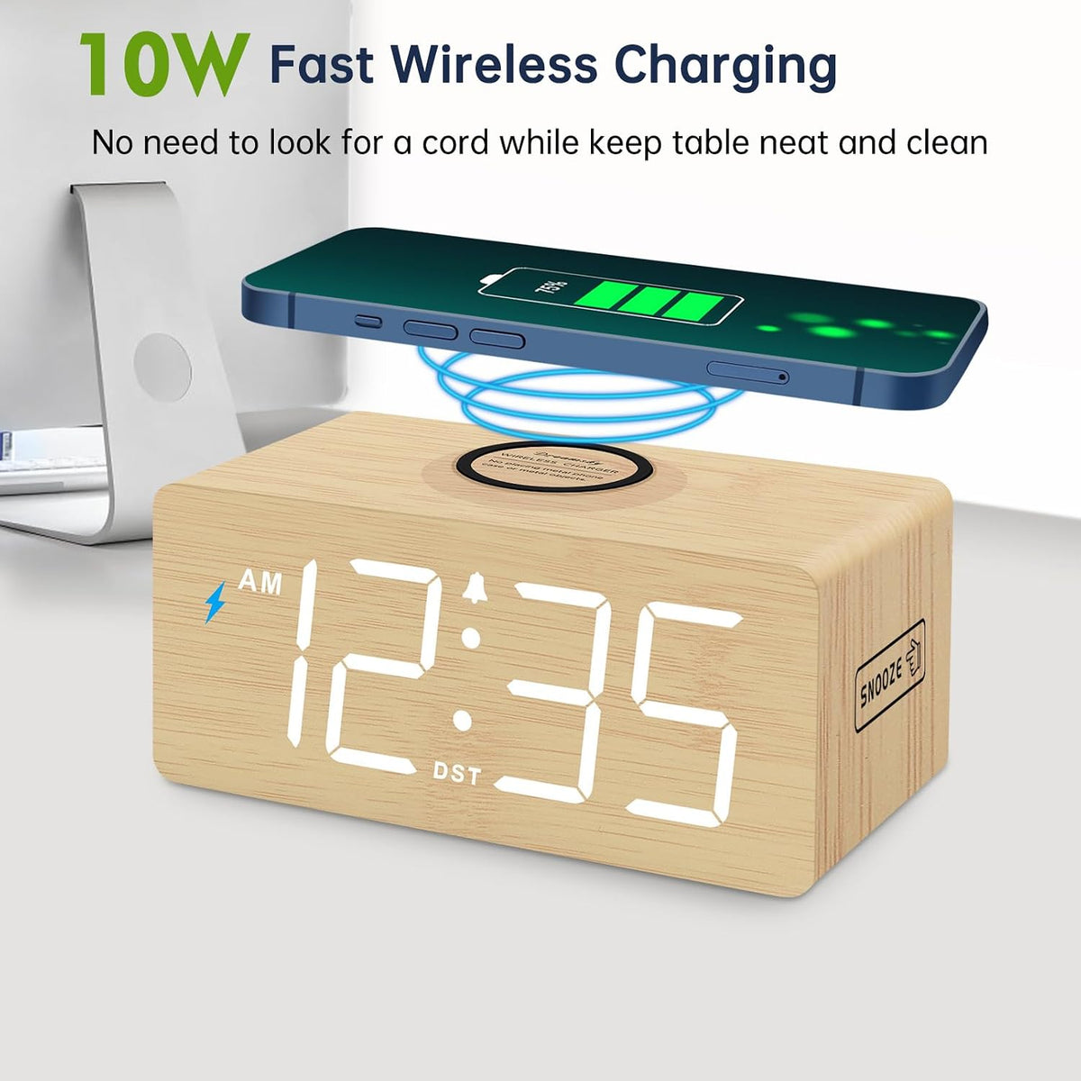 Wooden Digital Alarm Clock with Wireless Charging for Bedroom