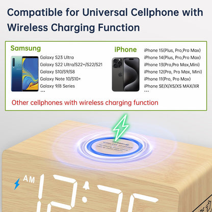 Wooden Digital Alarm Clock with Wireless Charging for Bedroom