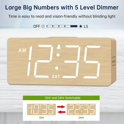Wooden Digital Alarm Clock with Wireless Charging for Bedroom