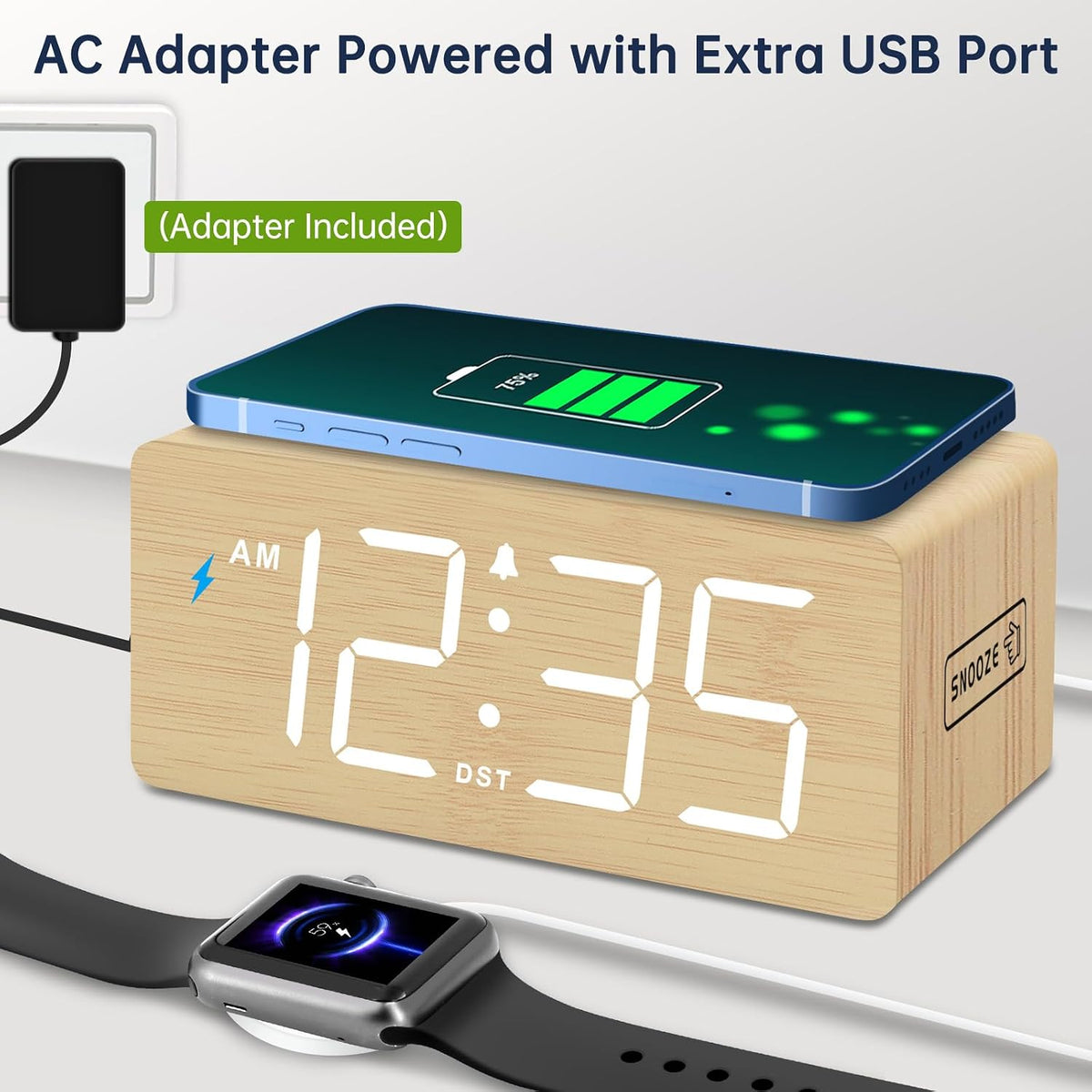 Wooden Digital Alarm Clock with Wireless Charging for Bedroom
