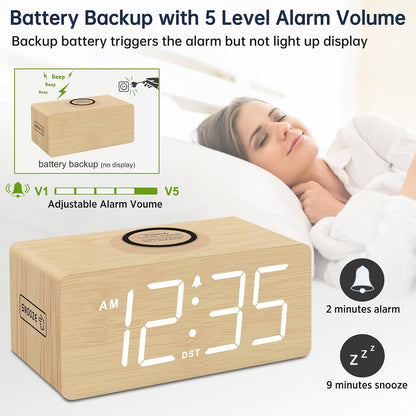Wooden Digital Alarm Clock with Wireless Charging for Bedroom