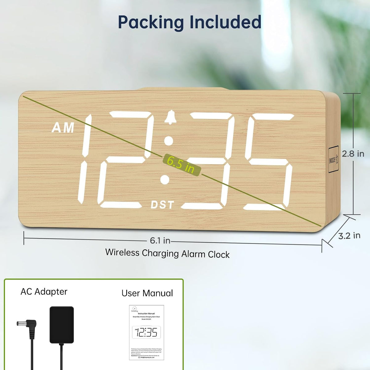 Wooden Digital Alarm Clock with Wireless Charging for Bedroom