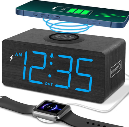 Wooden Digital Alarm Clock with Wireless Charging for Bedroom