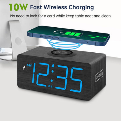 Wooden Digital Alarm Clock with Wireless Charging for Bedroom