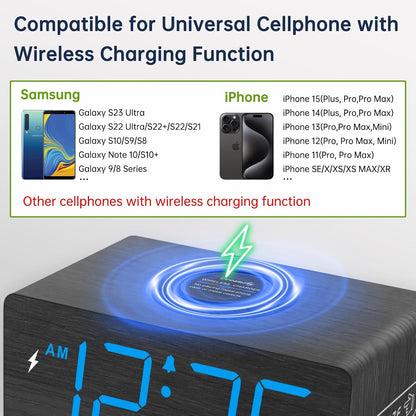 Wooden Digital Alarm Clock with Wireless Charging for Bedroom