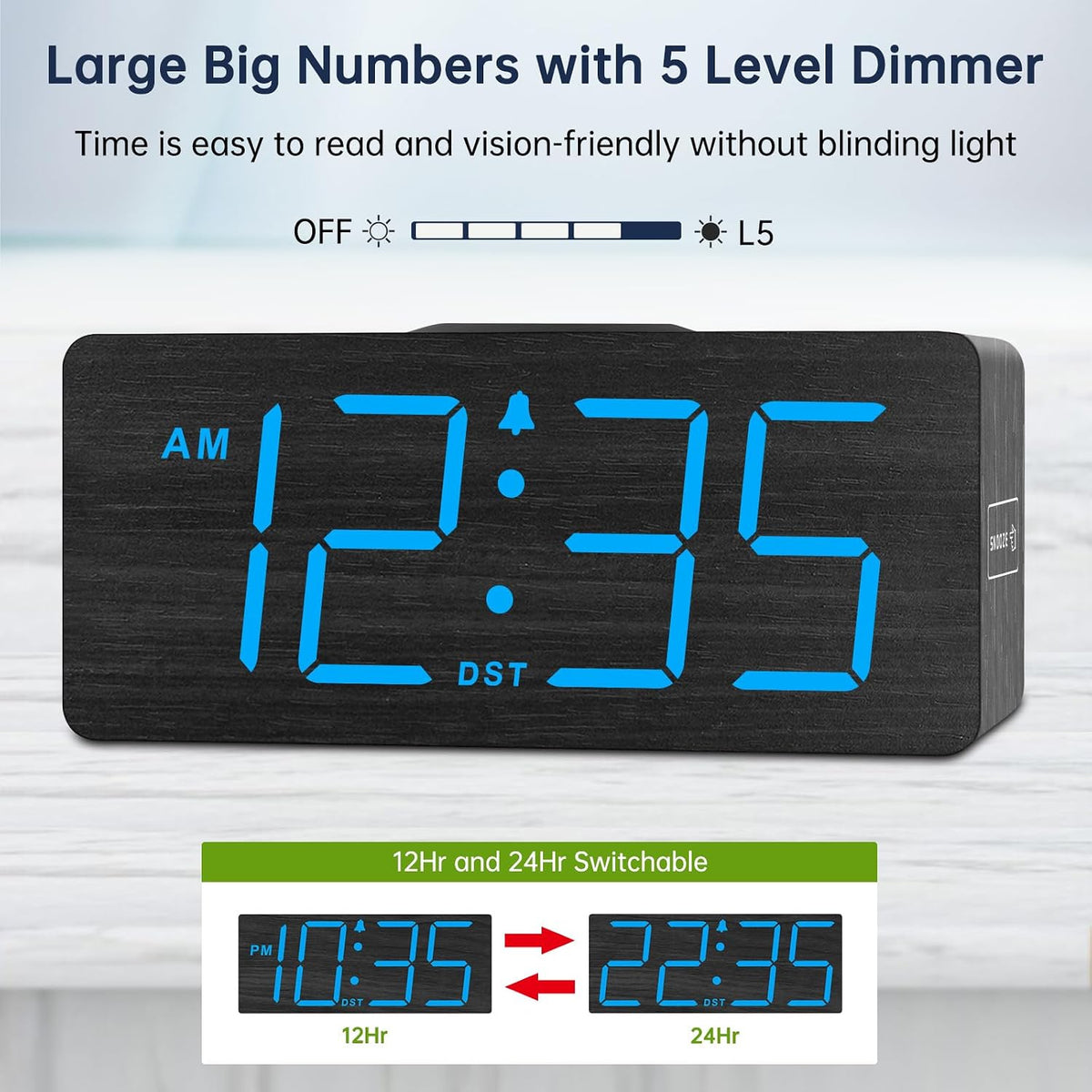 Wooden Digital Alarm Clock with Wireless Charging for Bedroom