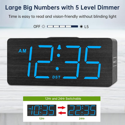Wooden Digital Alarm Clock with Wireless Charging for Bedroom