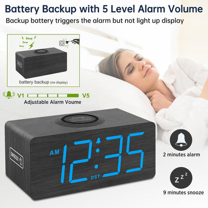 Wooden Digital Alarm Clock with Wireless Charging for Bedroom