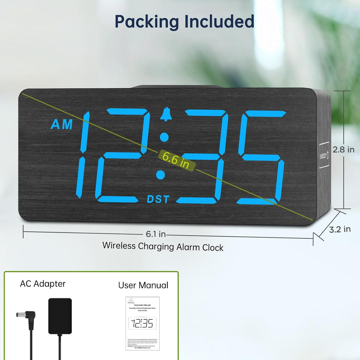 Wooden Digital Alarm Clock with Wireless Charging for Bedroom
