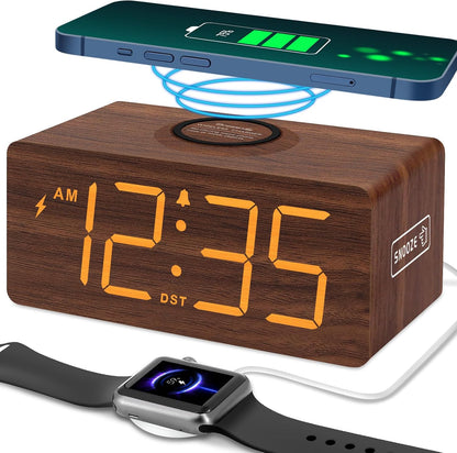 Wooden Digital Alarm Clock with Wireless Charging for Bedroom