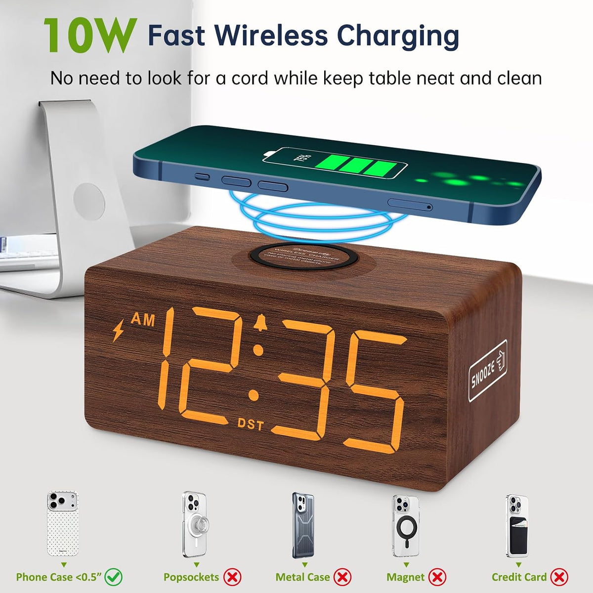 Wooden Digital Alarm Clock with Wireless Charging for Bedroom
