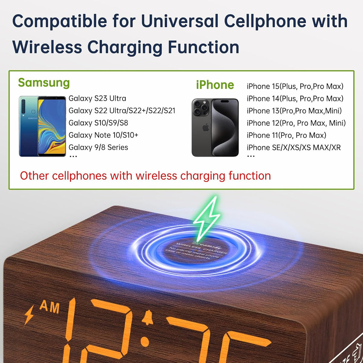 Wooden Digital Alarm Clock with Wireless Charging for Bedroom