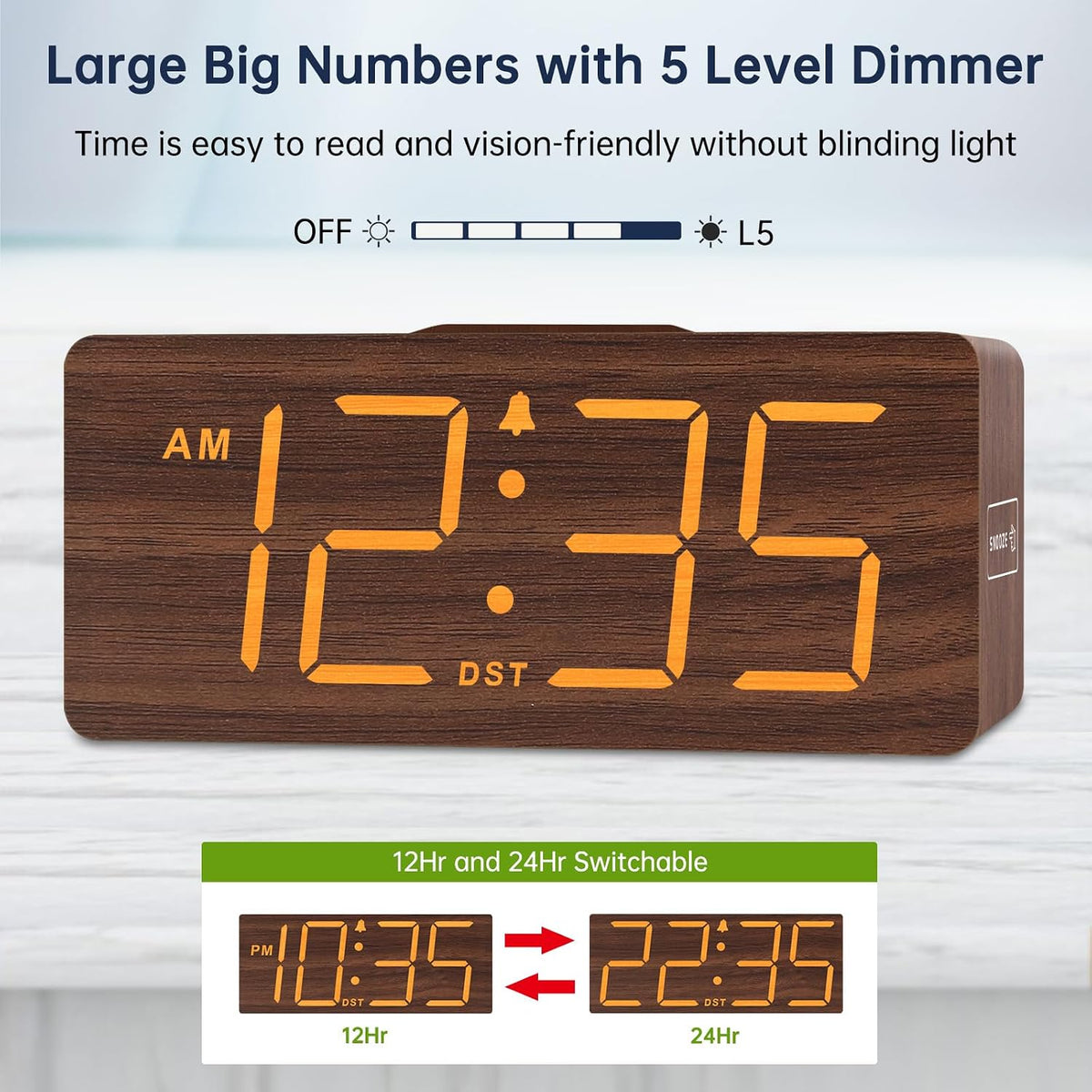 Wooden Digital Alarm Clock with Wireless Charging for Bedroom