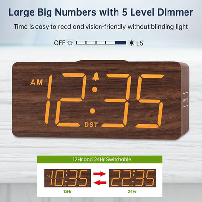 Wooden Digital Alarm Clock with Wireless Charging for Bedroom
