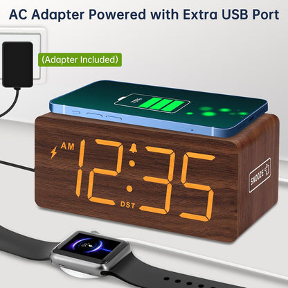 Wooden Digital Alarm Clock with Wireless Charging for Bedroom