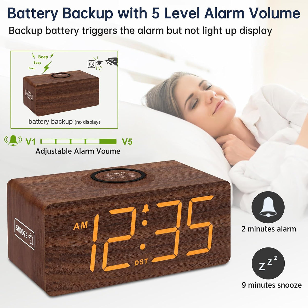 Wooden Digital Alarm Clock with Wireless Charging for Bedroom