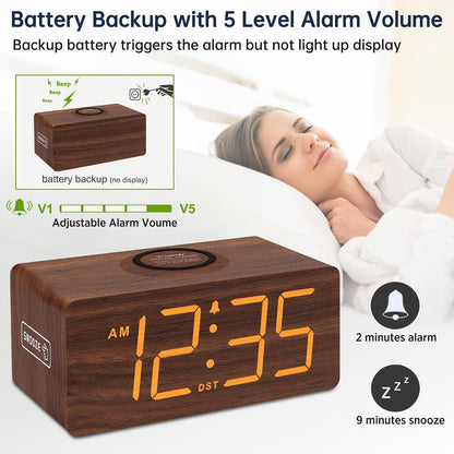 Wooden Digital Alarm Clock with Wireless Charging for Bedroom