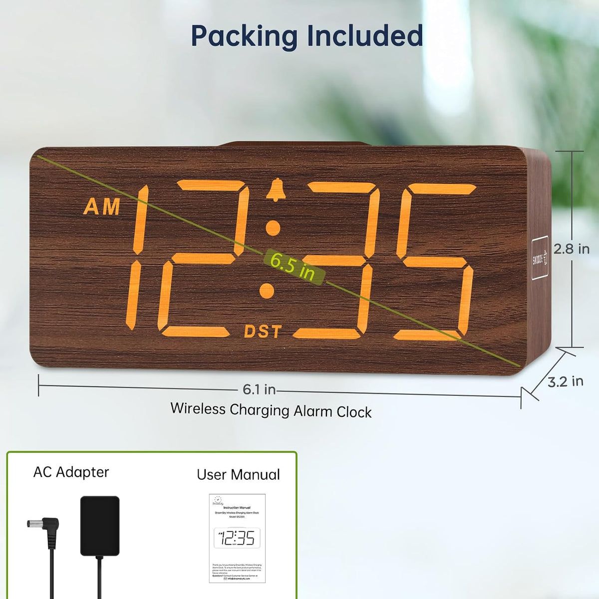 Wooden Digital Alarm Clock with Wireless Charging for Bedroom