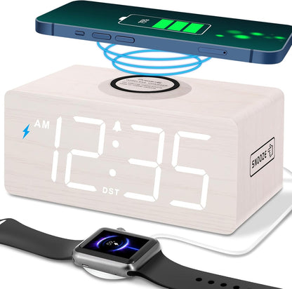 Wooden Digital Alarm Clock with Wireless Charging for Bedroom