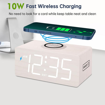 Wooden Digital Alarm Clock with Wireless Charging for Bedroom