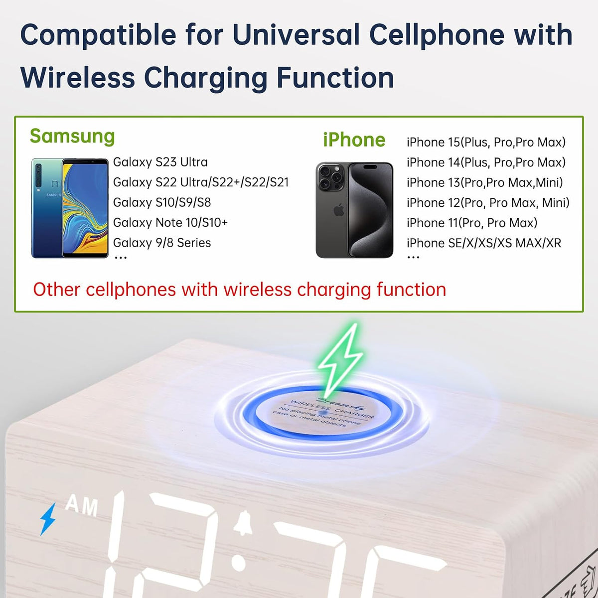 Wooden Digital Alarm Clock with Wireless Charging for Bedroom