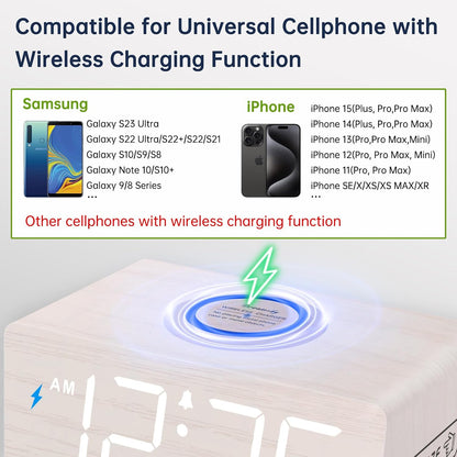 Wooden Digital Alarm Clock with Wireless Charging for Bedroom