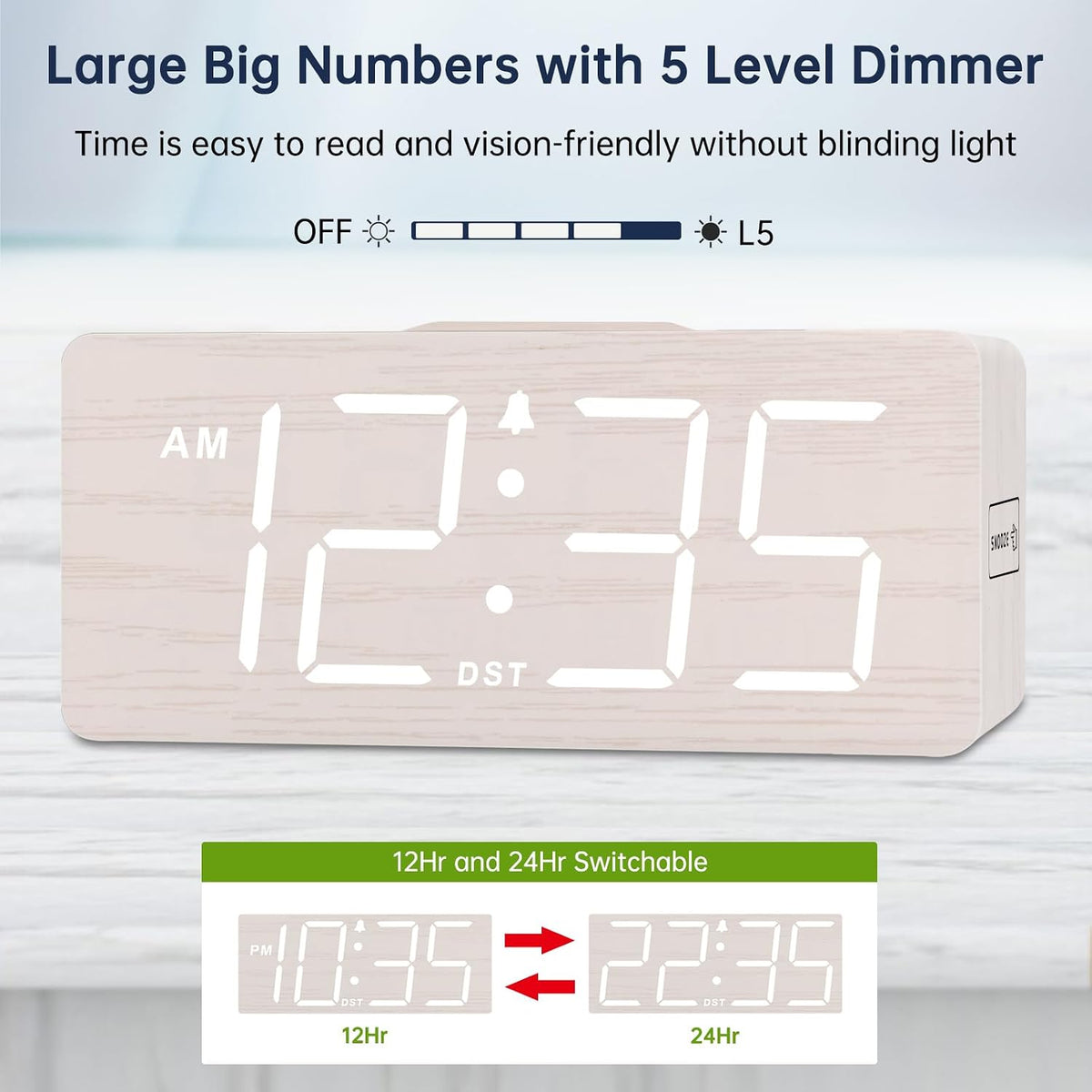Wooden Digital Alarm Clock with Wireless Charging for Bedroom
