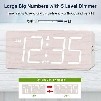 Wooden Digital Alarm Clock with Wireless Charging for Bedroom