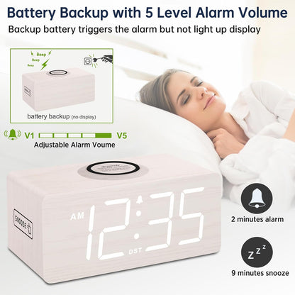 Wooden Digital Alarm Clock with Wireless Charging for Bedroom
