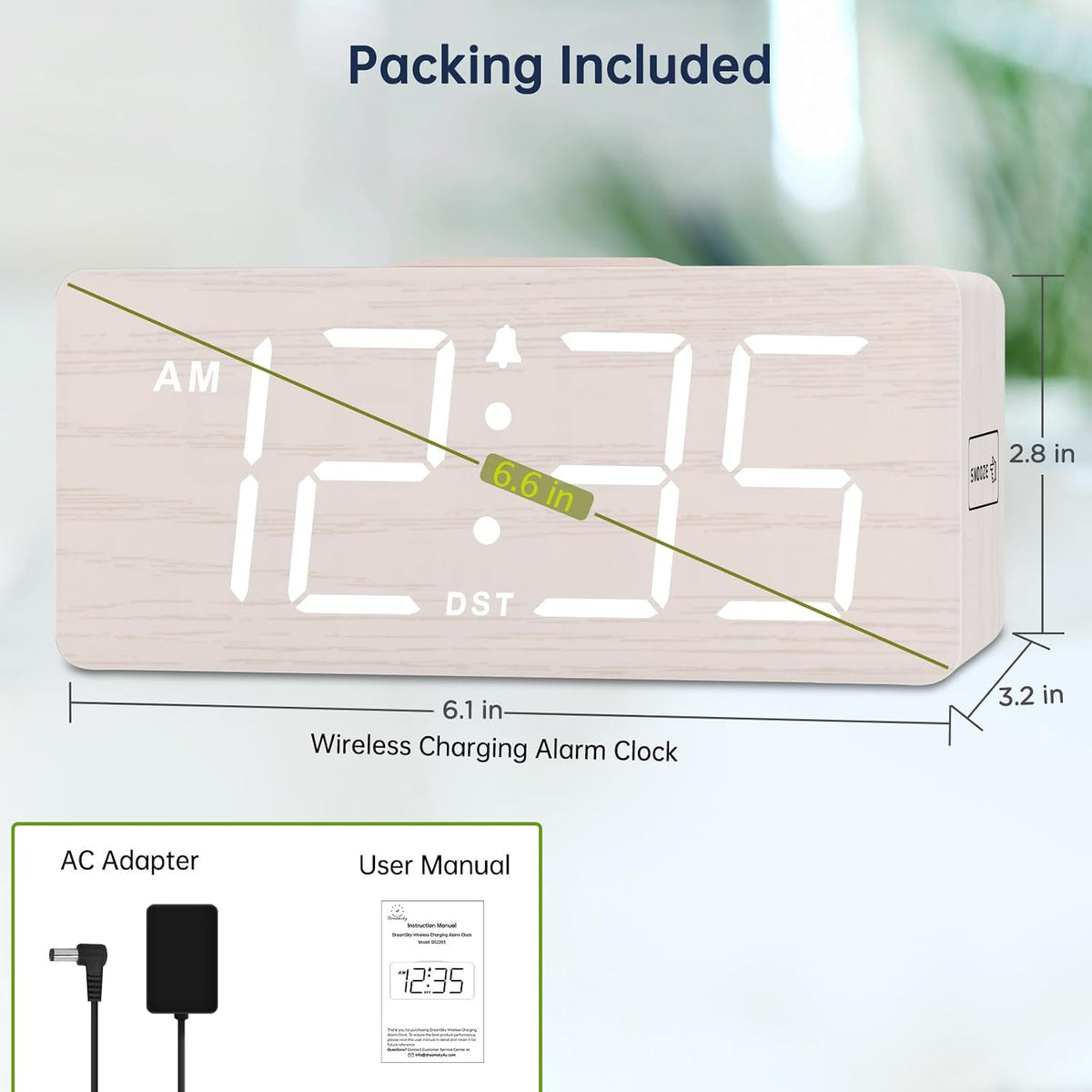 Wooden Digital Alarm Clock with Wireless Charging for Bedroom