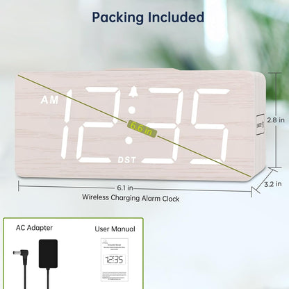 Wooden Digital Alarm Clock with Wireless Charging for Bedroom