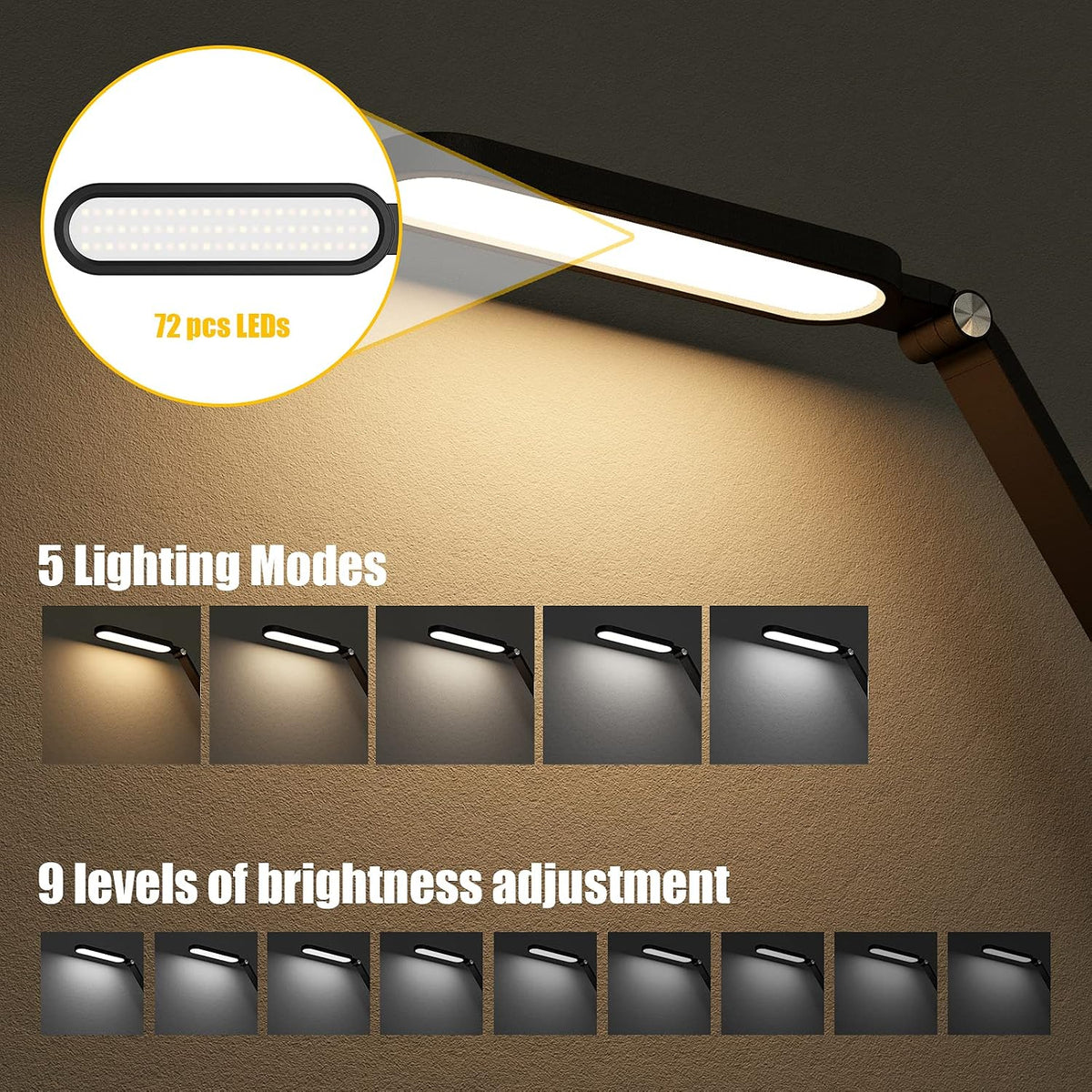 LED Desk Lamp, Eye-Caring Table Lamps Natural Light Protects Eyes Dimmable Office Lamp with 5 Color Modes USB Charging Port Touch Control and Memory Function, 10W Reading Lamp,Black