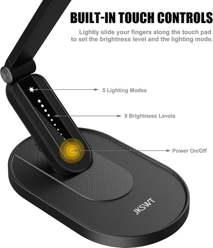 LED Desk Lamp, Eye-Caring Table Lamps Natural Light Protects Eyes Dimmable Office Lamp with 5 Color Modes USB Charging Port Touch Control and Memory Function, 10W Reading Lamp,Black