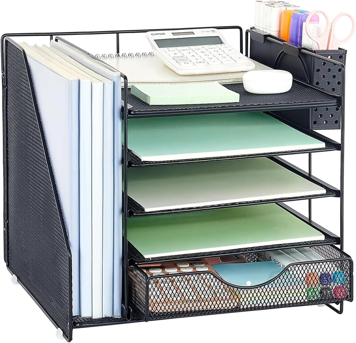 5-Tier Desk Organizer with Drawer and Pen Holder, Black