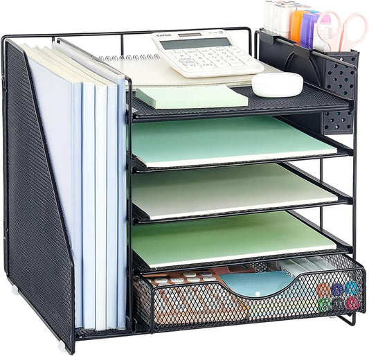 5-Tier Desk Organizer with Drawer and Pen Holder, Black