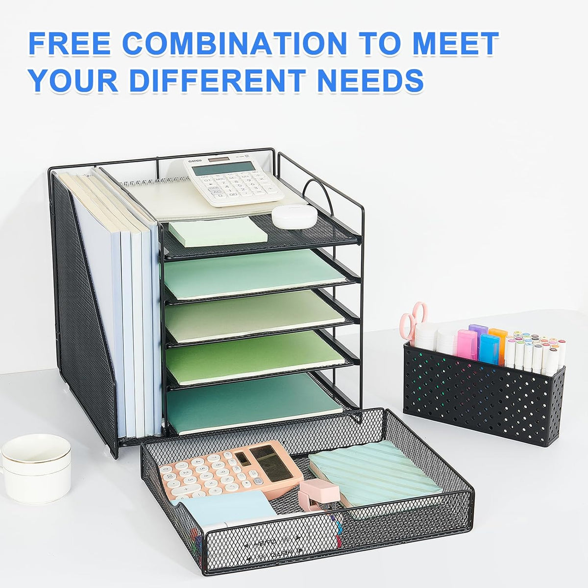 5-Tier Desk Organizer with Drawer and Pen Holder, Black