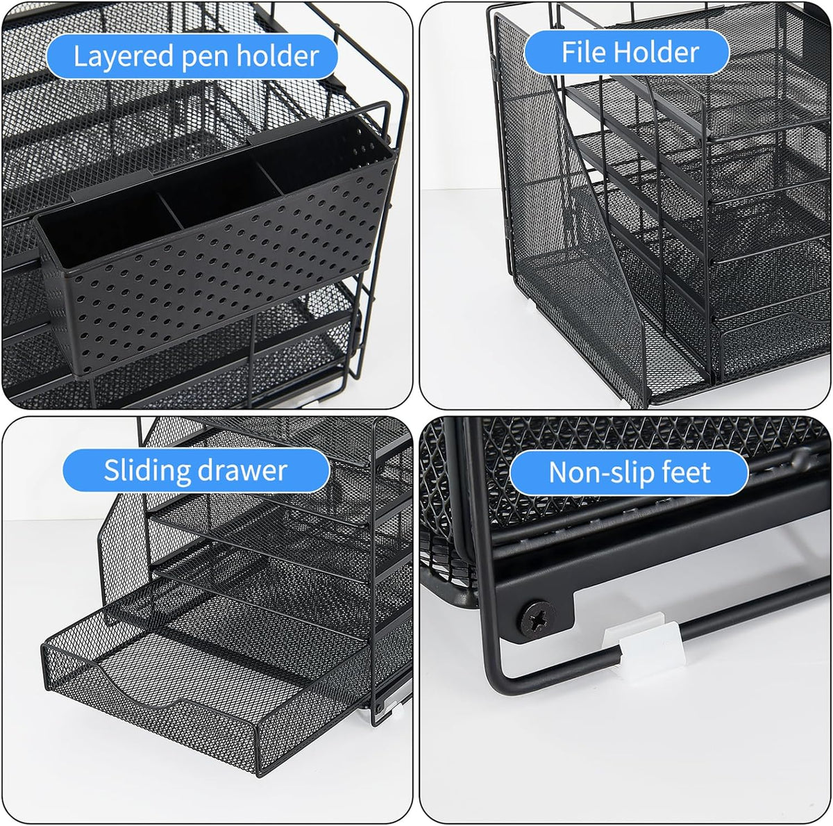 5-Tier Desk Organizer with Drawer and Pen Holder, Black