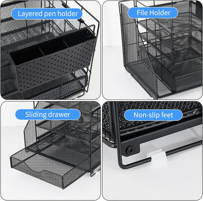 5-Tier Desk Organizer with Drawer and Pen Holder, Black
