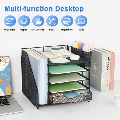 5-Tier Desk Organizer with Drawer and Pen Holder, Black