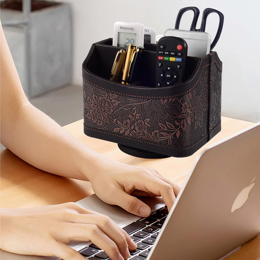 Antique Leather Remote Control Holder 360 Degree Spinning,Desk Rotating Organizer/Caddy for TV Remote Controllers,Pen,Calculator Media Player,DVD,Office Supplies,Mobile Phone Storage Box (Retro)