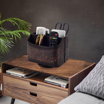 Antique Leather Remote Control Holder 360 Degree Spinning,Desk Rotating Organizer/Caddy for TV Remote Controllers,Pen,Calculator Media Player,DVD,Office Supplies,Mobile Phone Storage Box (Retro)