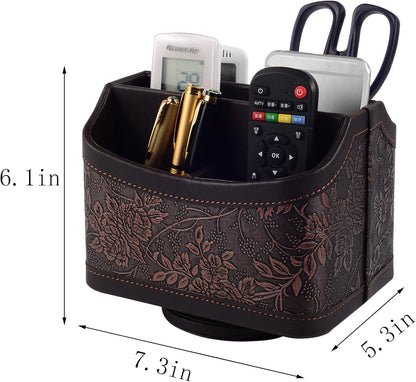 Antique Leather Remote Control Holder 360 Degree Spinning,Desk Rotating Organizer/Caddy for TV Remote Controllers,Pen,Calculator Media Player,DVD,Office Supplies,Mobile Phone Storage Box (Retro)