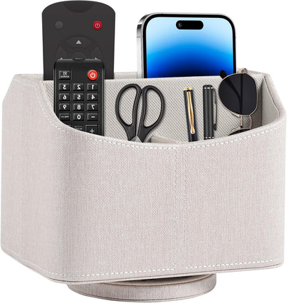 Antique Leather Remote Control Holder 360 Degree Spinning,Desk Rotating Organizer/Caddy for TV Remote Controllers,Pen,Calculator Media Player,DVD,Office Supplies,Mobile Phone Storage Box (Retro)
