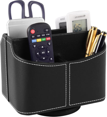 Antique Leather Remote Control Holder 360 Degree Spinning,Desk Rotating Organizer/Caddy for TV Remote Controllers,Pen,Calculator Media Player,DVD,Office Supplies,Mobile Phone Storage Box (Retro)