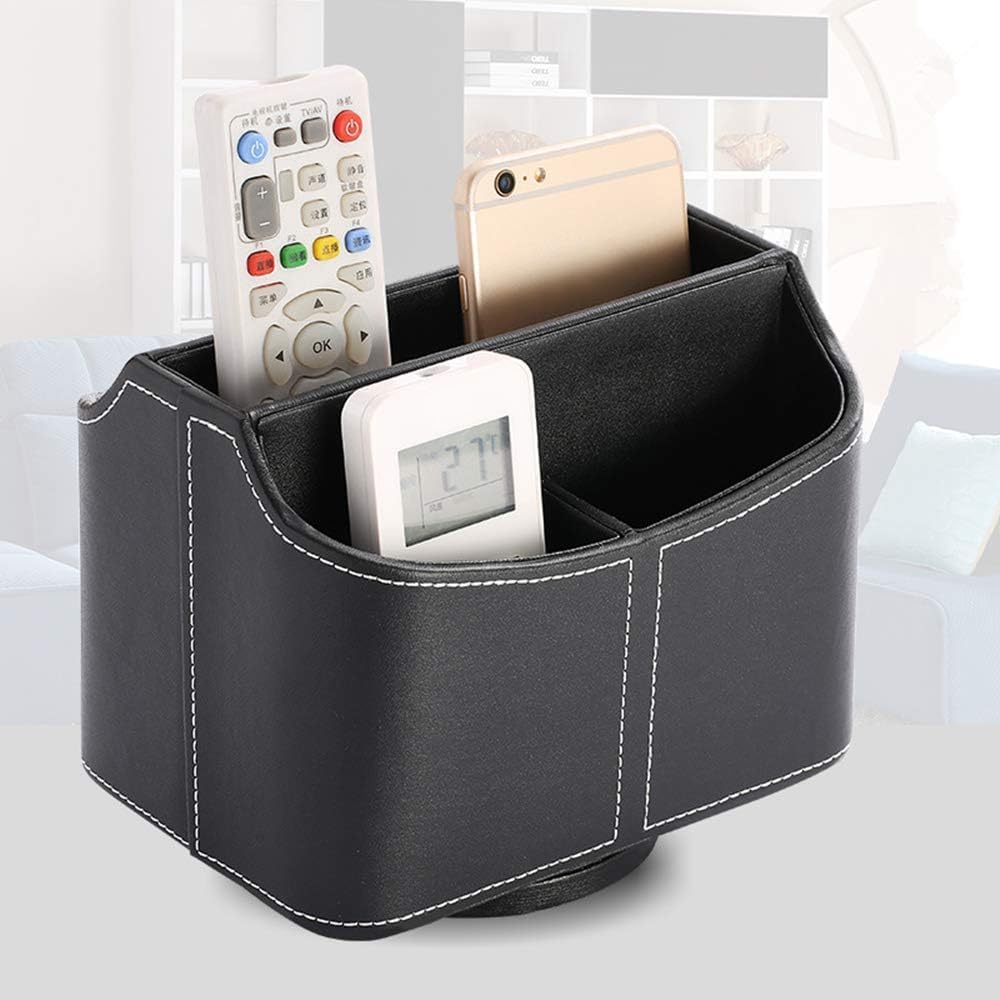 Antique Leather Remote Control Holder 360 Degree Spinning,Desk Rotating Organizer/Caddy for TV Remote Controllers,Pen,Calculator Media Player,DVD,Office Supplies,Mobile Phone Storage Box (Retro)